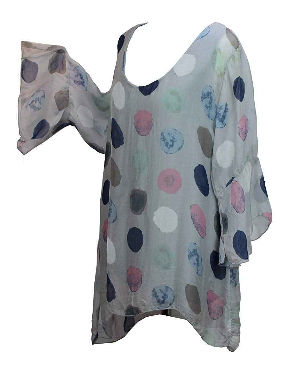 BZNA Seiden Tunika Hellgrau Grau Bluse mit Punkten pünktchen Muster Seidentunika Trompeten Ärmel 36 40 42 one size Damen Dress Oberteil elegant