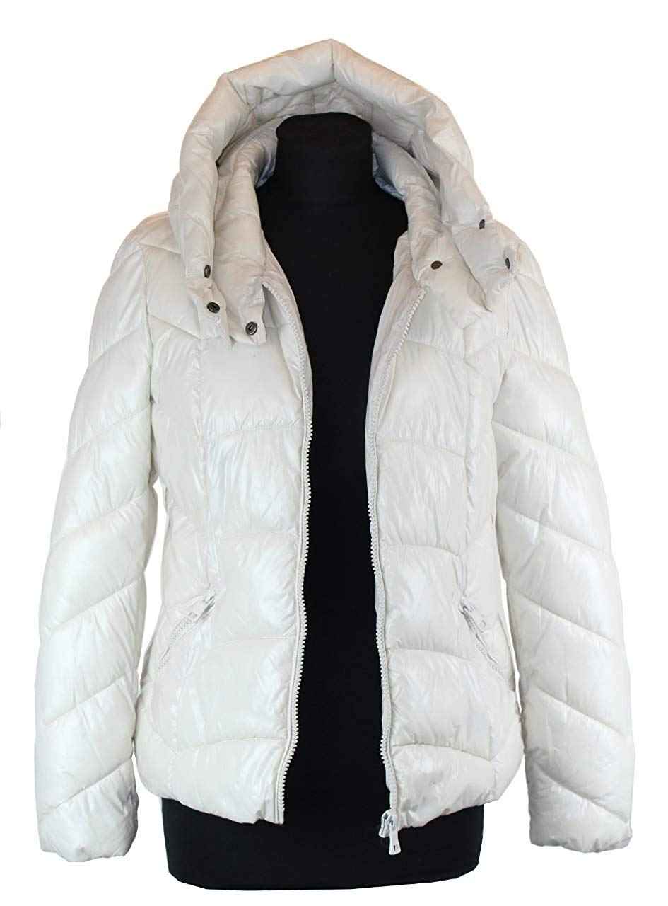 BZNA Weiß glänzend warm Größe: M/L Damen Kragen Kapuzenjacke gefüttert Winterjacke Parka Steppjacke mit Kapuze warm & Winddicht