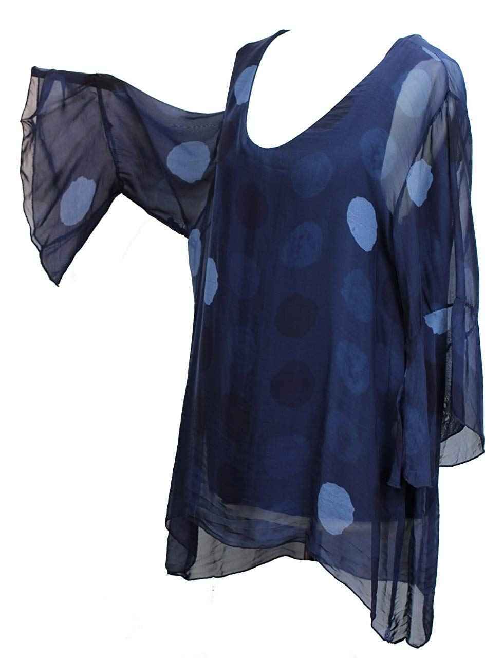BZNA Seiden Tunika Dunkelblau Blau Bluse mit Punkten pünktchen Muster Seidentunika Trompeten Ärmel 36 40 42 one size Damen Dress Oberteil elegant
