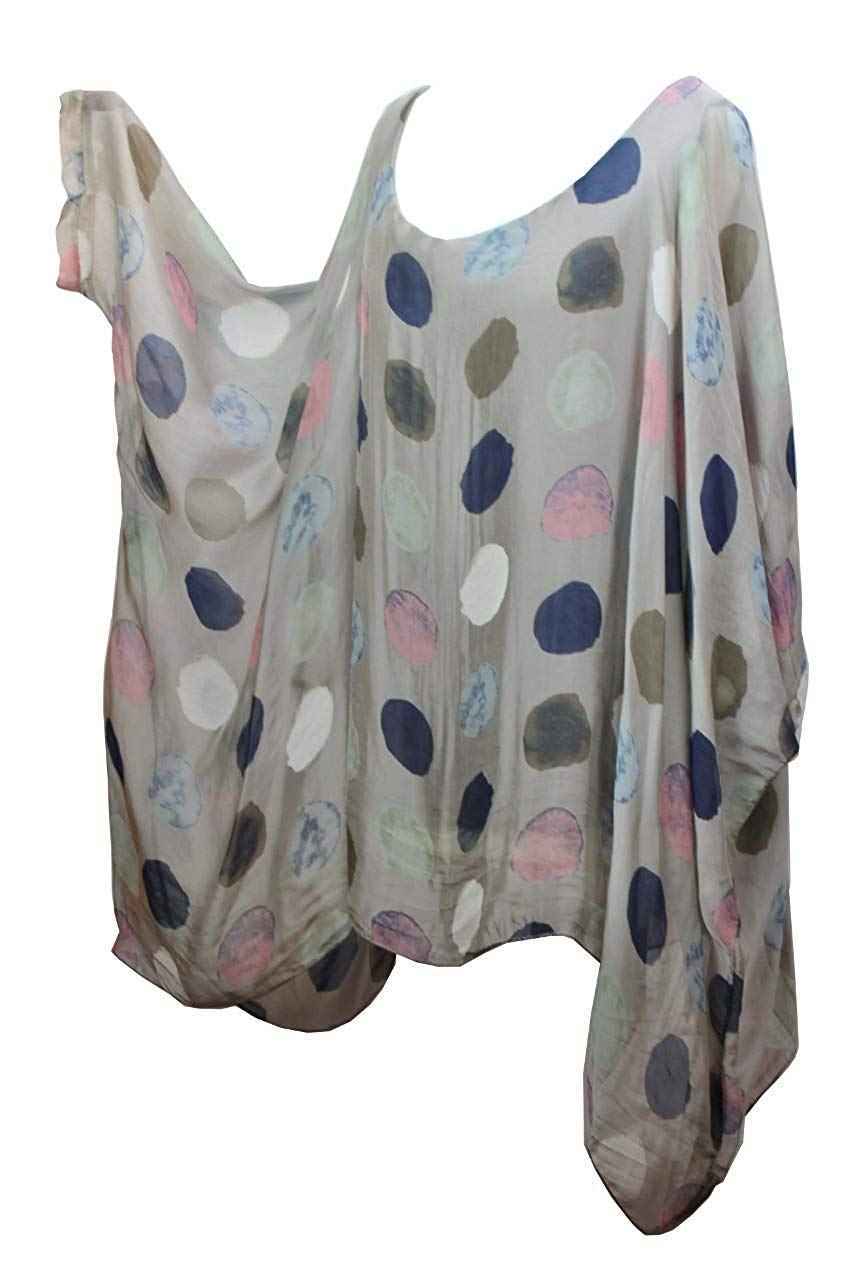 BZNA Seiden Tunika Hellbraun Braun Bluse mit Punkten Muster Seidentunika Fledermaus one size Damen Dress Oberteil elegant