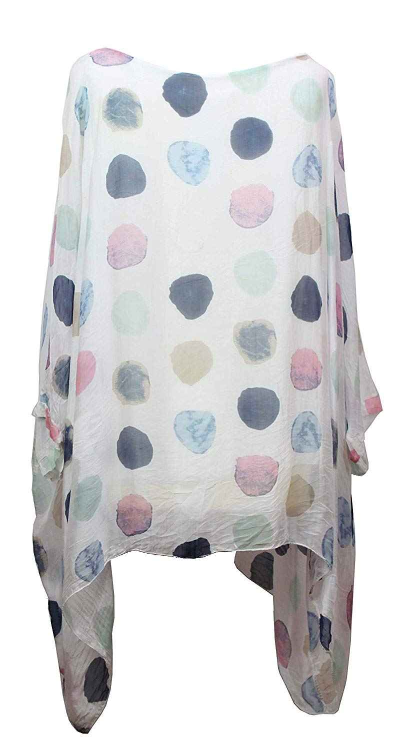BZNA Seiden Tunika Weiß Bluse mit Punkten pünktchen Muster Seidentunika Fledermaus Ärmel 38 40 42 44 46 one size Damen Dress Oberteil elegant