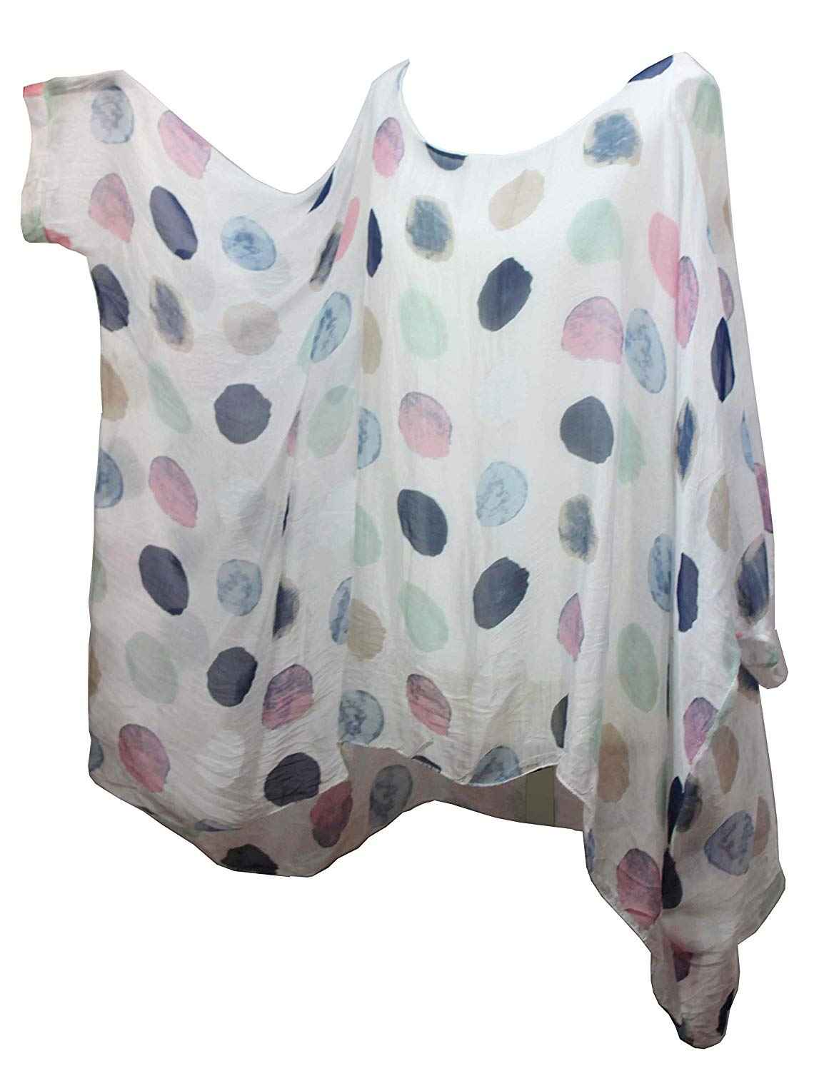 BZNA Seiden Tunika Weiß Bluse mit Punkten pünktchen Muster Seidentunika Fledermaus Ärmel 38 40 42 44 46 one size Damen Dress Oberteil elegant