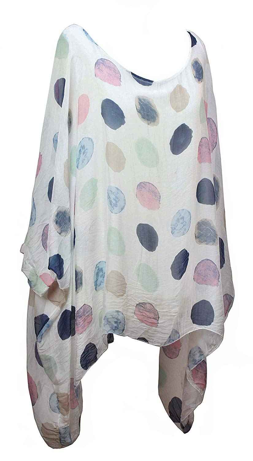 BZNA Seiden Tunika Weiß Bluse mit Punkten pünktchen Muster Seidentunika Fledermaus Ärmel 38 40 42 44 46 one size Damen Dress Oberteil elegant