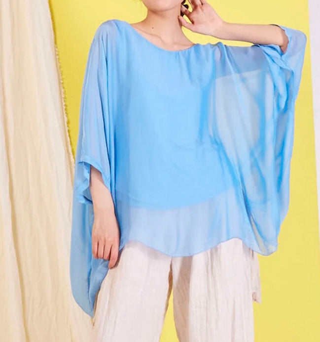 BZNA Seidenbluse Light Blue Tunika Seidentunika Seidenchiffonbluse Fledermaus Ärmel oneSize