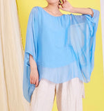 Lade das Bild in den Galerie-Viewer, BZNA Seidenbluse Light Blue Tunika Seidentunika Seidenchiffonbluse Fledermaus Ärmel oneSize
