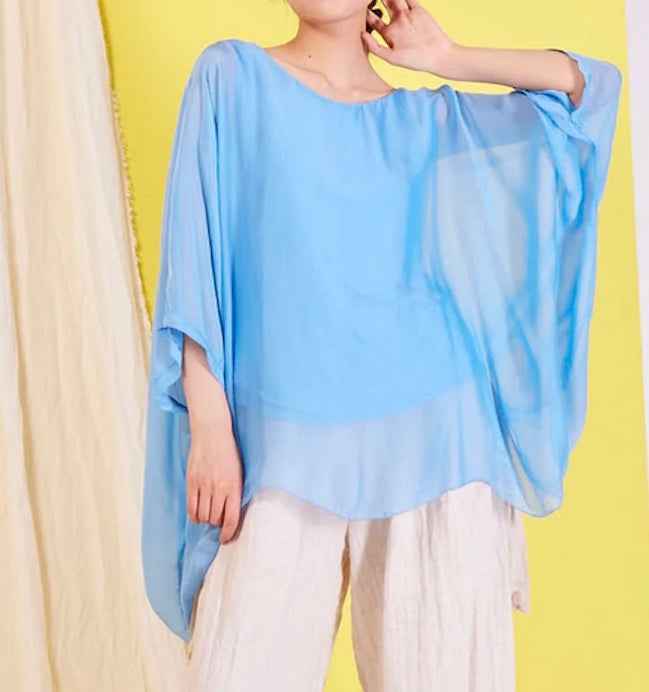 BZNA Seidenbluse Light Blue Tunika Seidentunika Seidenchiffonbluse Fledermaus Ärmel oneSize
