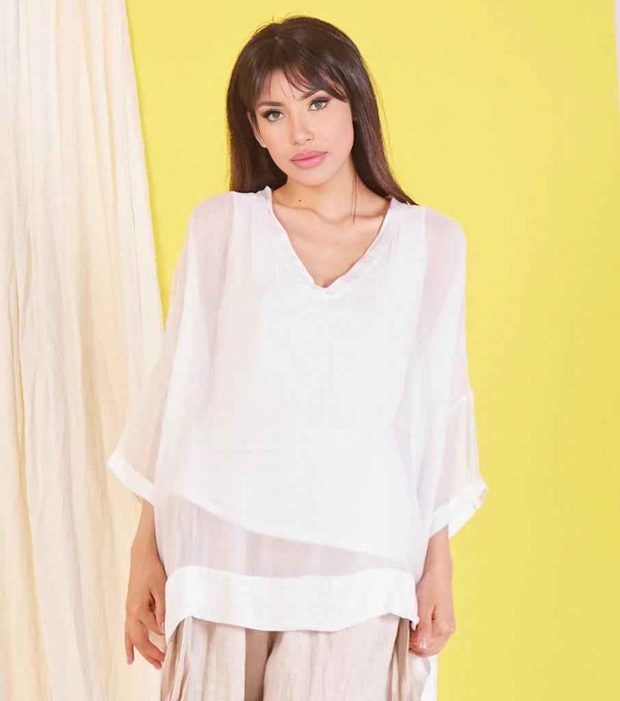 BZNA Seidenbluse Weiß Tunika Seidentunika mit V -Ausschnitt Seidenchiffonbluse Fledermaus Ärmel oneSize