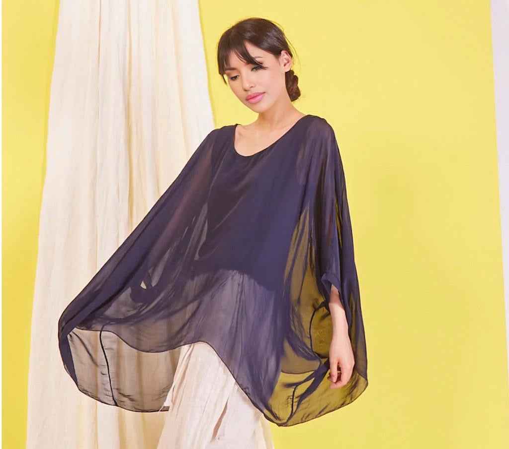 BZNA Seidenbluse Dunkelblau Tunika Seidentunika Seidenchiffonbluse Fledermaus Ärmel oneSize