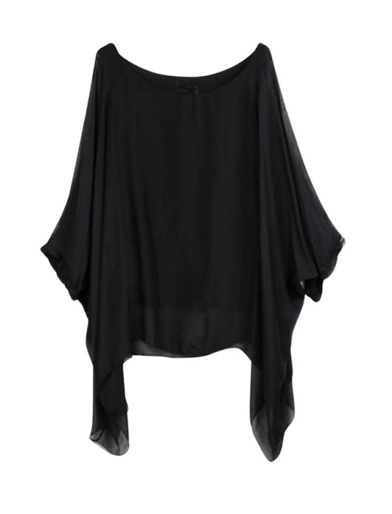 BZNA Seidenbluse Schwarz Tunika Seidentunika Seidenchiffonbluse Fledermaus Ärmel oneSize