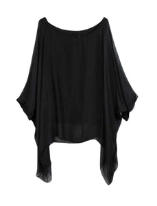 BZNA Seidenbluse Schwarz Tunika Seidentunika Seidenchiffonbluse Fledermaus Ärmel oneSize