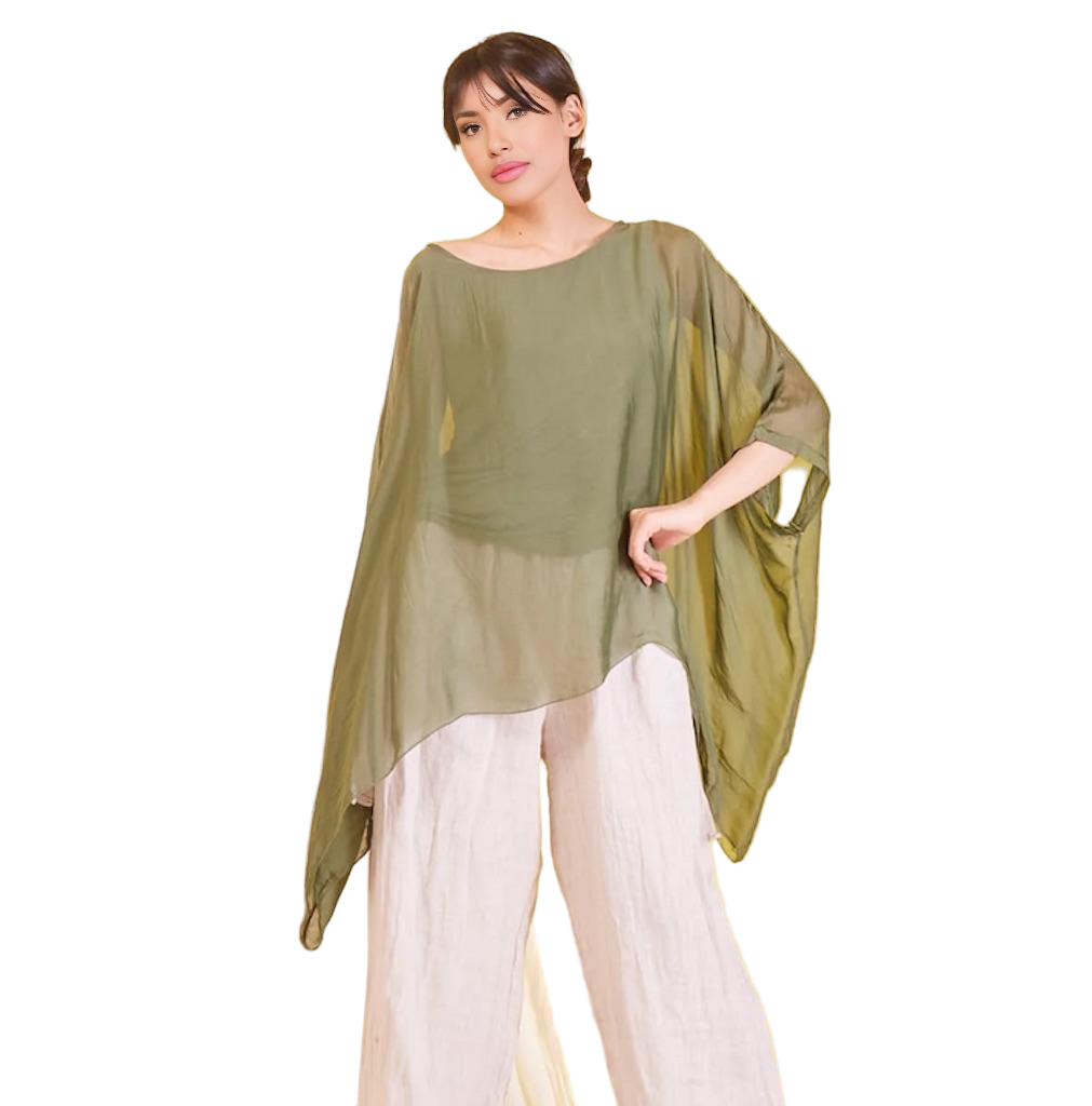BZNA Seidenbluse Olive Grün Tunika Seidentunika Seidenchiffonbluse Fledermaus Ärmel oneSize