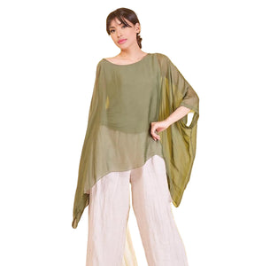BZNA Seidenbluse Olive Grün Tunika Seidentunika Seidenchiffonbluse Fledermaus Ärmel oneSize