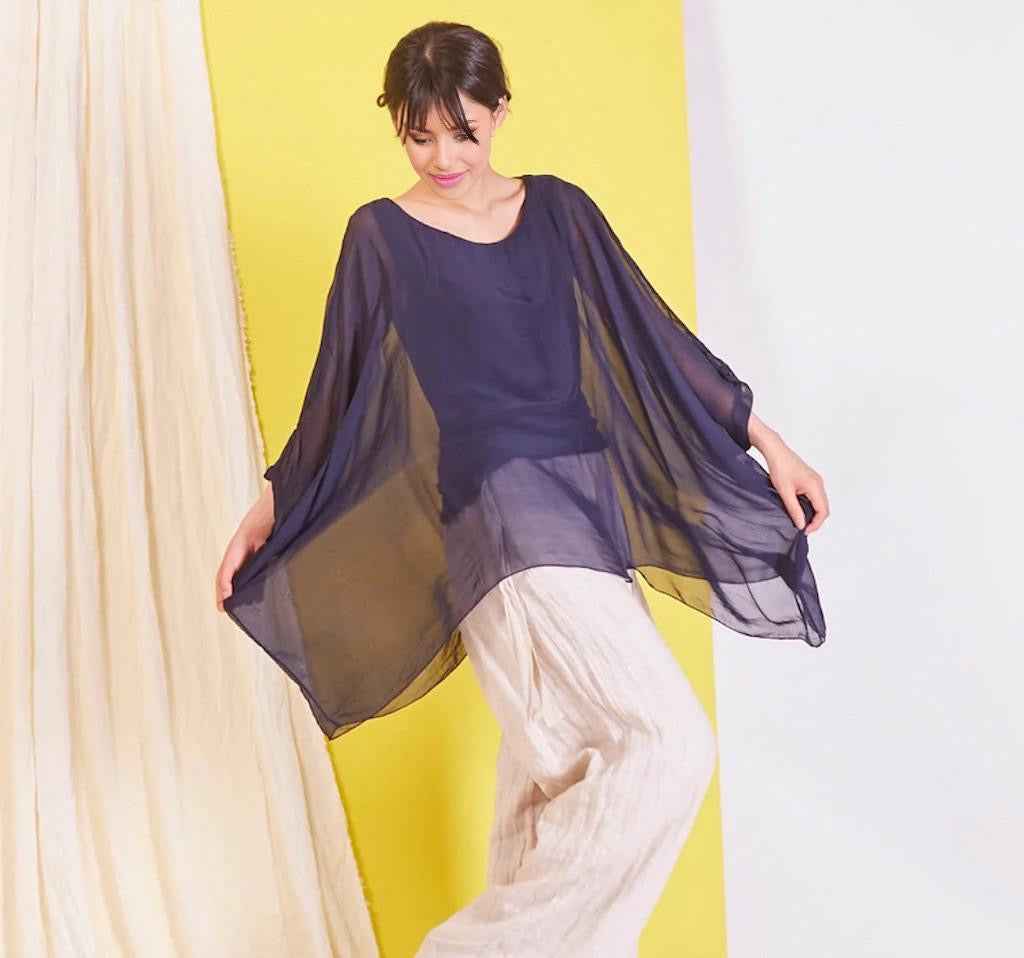 BZNA Seidenbluse Dunkelblau Tunika Seidentunika Seidenchiffonbluse Fledermaus Ärmel oneSize