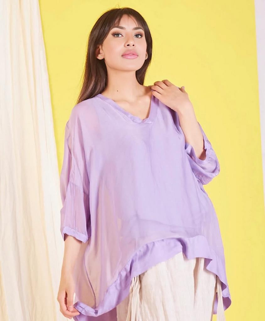 BZNA Seidenbluse Flieder Tunika Seidentunika mit V -Ausschnitt Seidenchiffonbluse Fledermaus Ärmel oneSize