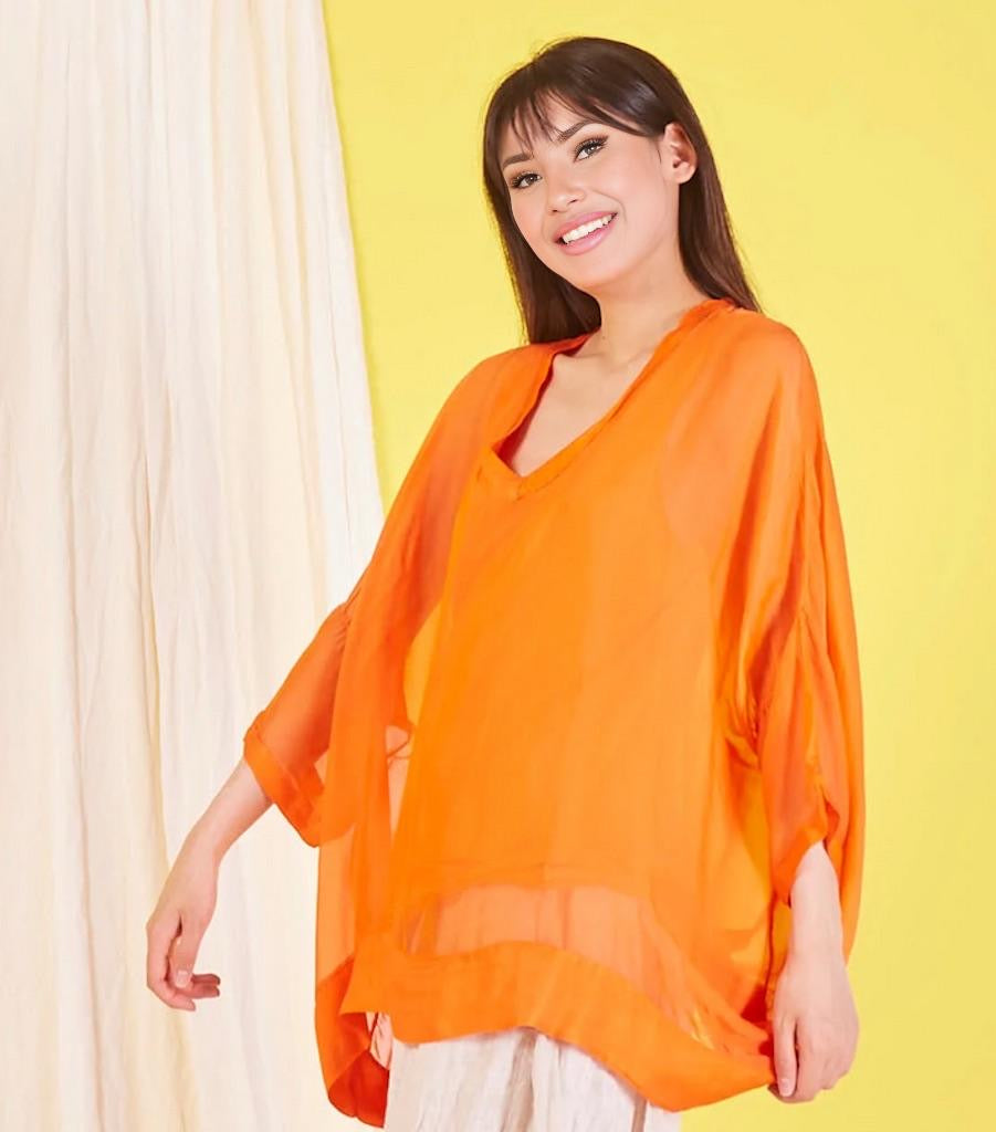 BZNA Seidenbluse Orange Tunika Seidentunika mit V -Ausschnitt Seidenchiffonbluse Fledermaus Ärmel oneSize