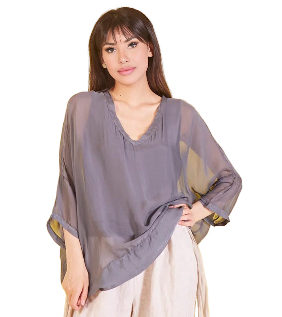 BZNA Seidenbluse Grau Tunika Seidentunika mit V -Ausschnitt Seidenchiffonbluse Fledermaus Ärmel oneSize