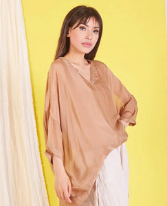 BZNA Seidenbluse Camel Tunika Seidentunika mit V -Ausschnitt Seidenchiffonbluse Fledermaus Ärmel oneSize