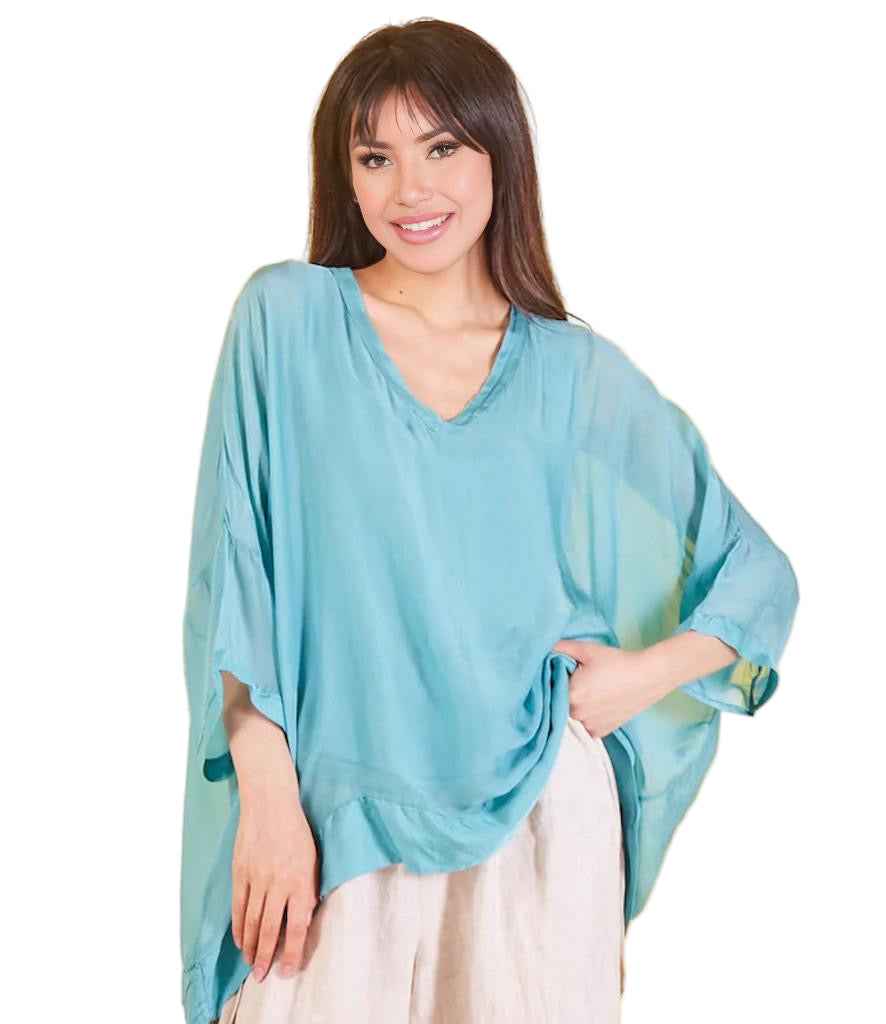 BZNA Seidenbluse Türkis Tunika Seidentunika mit V -Ausschnitt Seidenchiffonbluse Fledermaus Ärmel oneSize