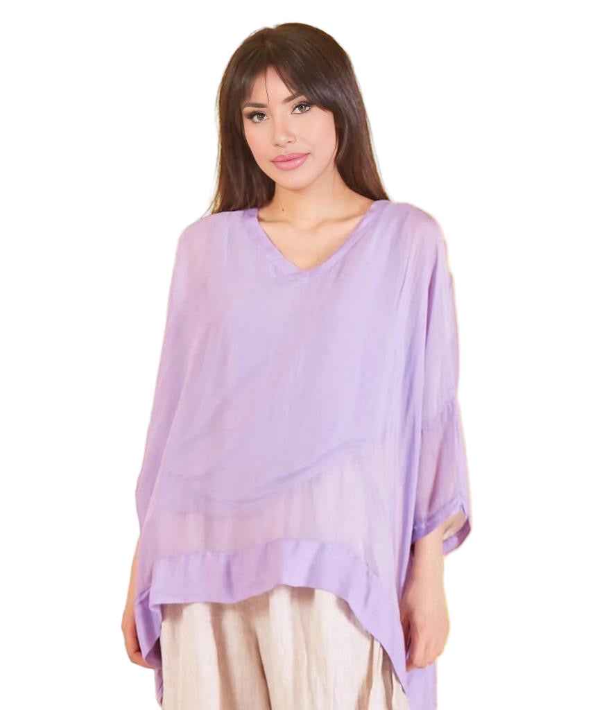 BZNA Seidenbluse Flieder Tunika Seidentunika mit V -Ausschnitt Seidenchiffonbluse Fledermaus Ärmel oneSize