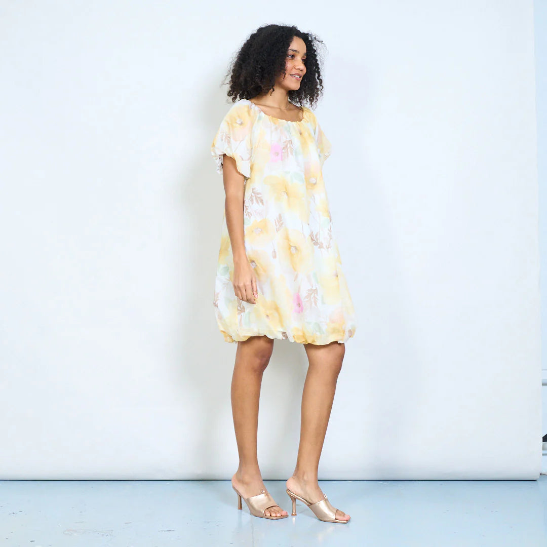 BZNA Sommer Schulterfreie Chiffonkleid mit Aquarellblumen oneSize - B Z N A