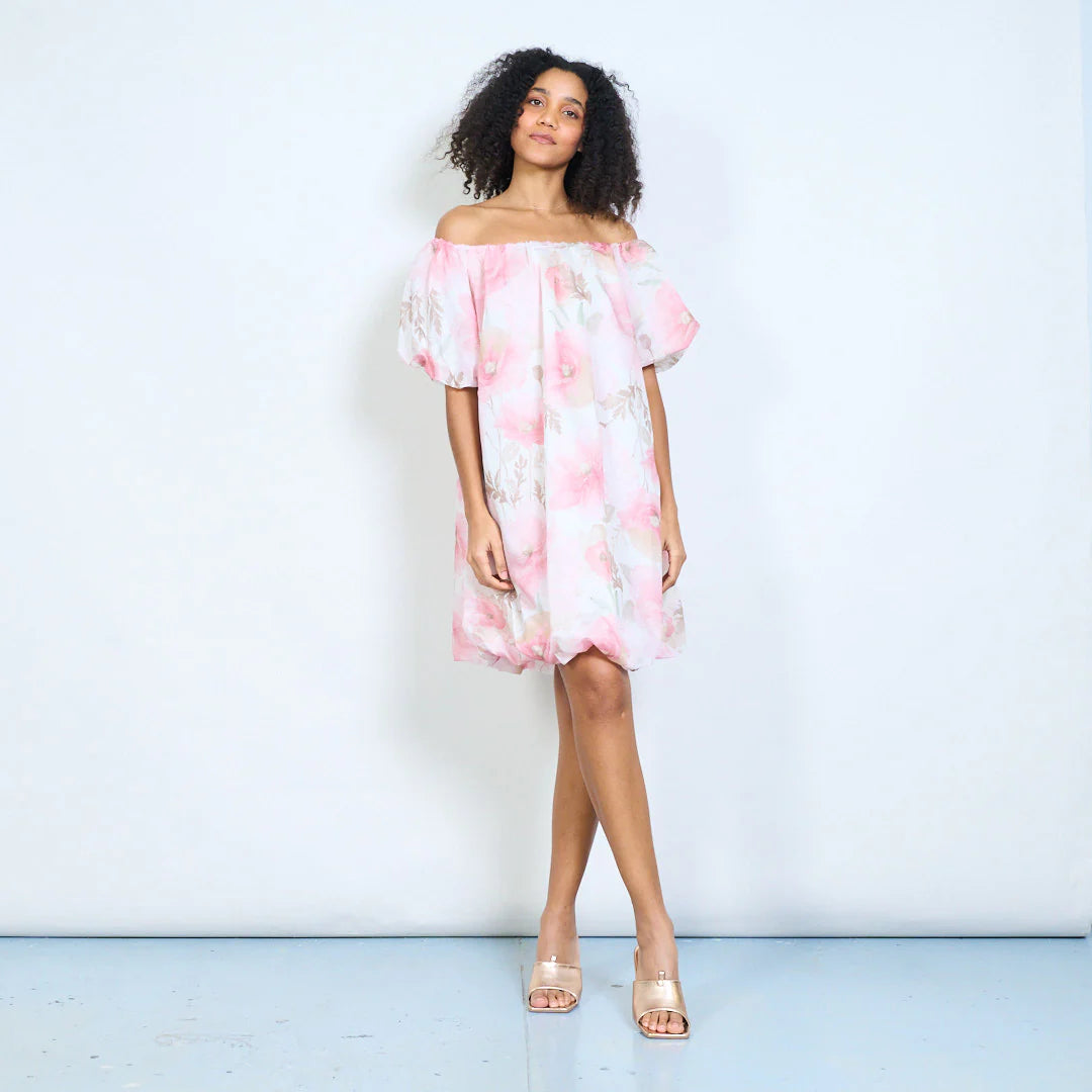 BZNA Sommer Schulterfreie Chiffonkleid mit Aquarellblumen oneSize - B Z N A