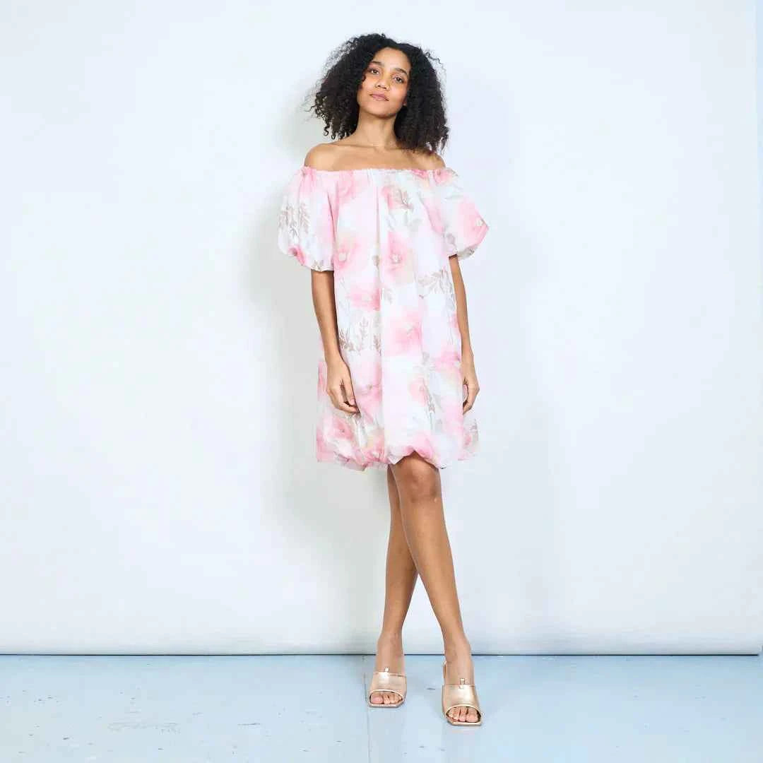 BZNA Sommer Schulterfreie Chiffonkleid mit Aquarellblumen oneSize