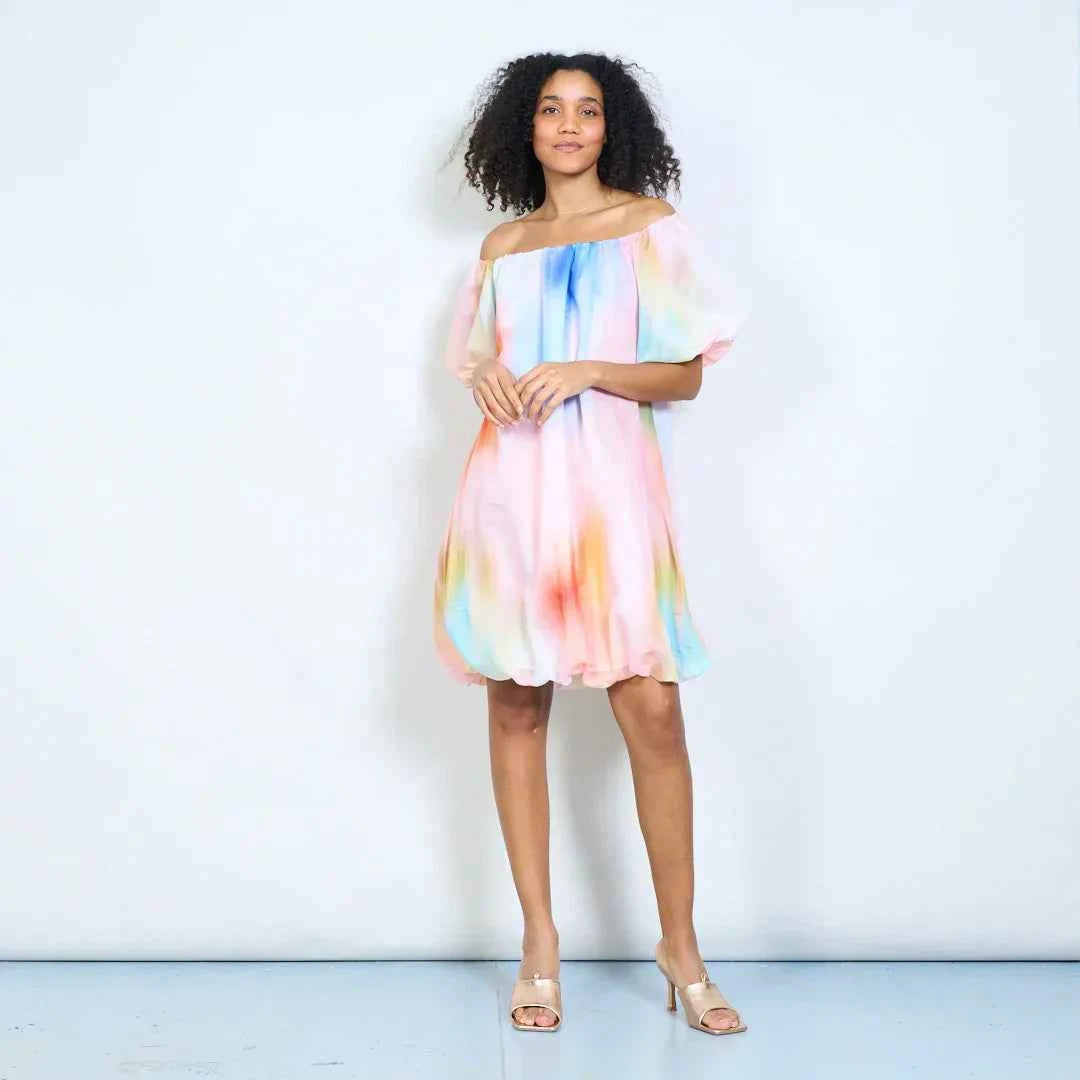 BZNA Sommer Off-Shoulder-Chiffonkleid mit Aquarell Batikmuster oneSize