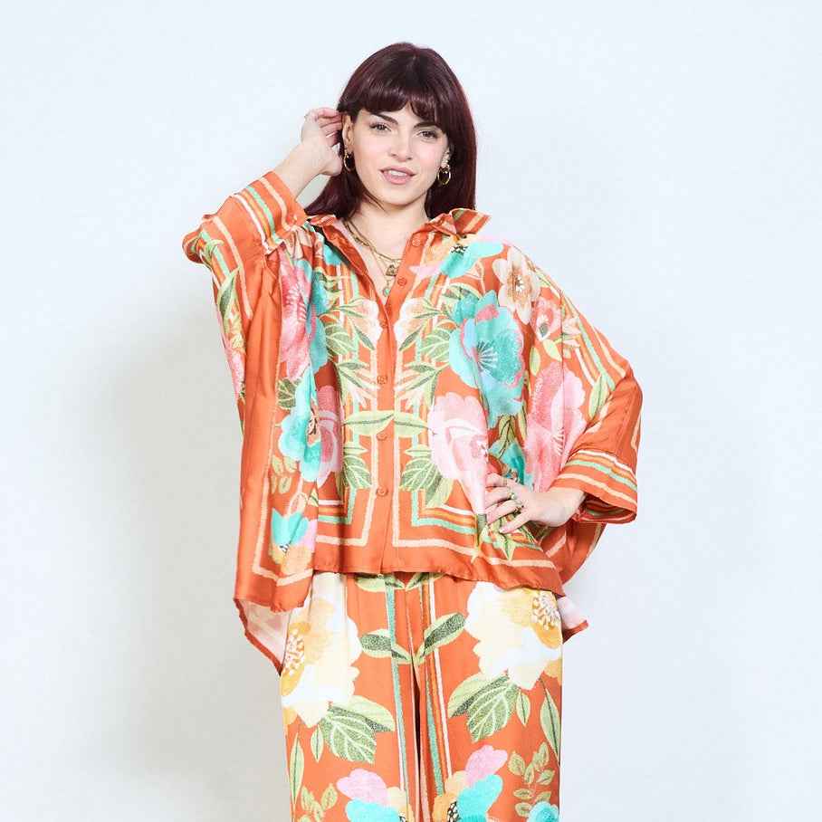 BZNA Seidenbluse mit Blumenmuster Bluse mit Fledermausärmeln und Kragen oneSize