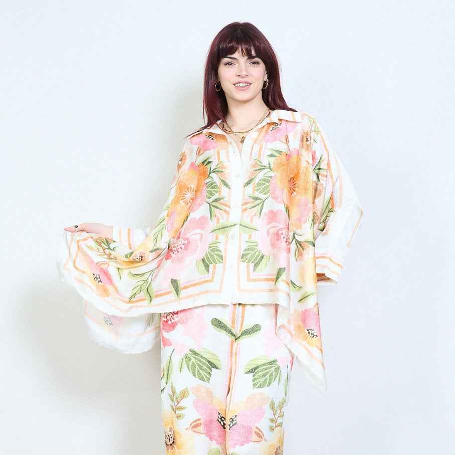 BZNA Seidenbluse mit Blumenmuster Bluse mit Fledermausärmeln und Kragen oneSize
