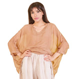 Lade das Bild in den Galerie-Viewer, BZNA Seidenbluse Camel Tunika Seidentunika mit V -Ausschnitt Seidenchiffonbluse Fledermaus Ärmel oneSize
