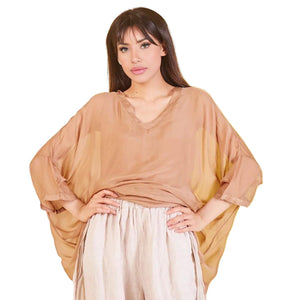 BZNA Seidenbluse Camel Tunika Seidentunika mit V -Ausschnitt Seidenchiffonbluse Fledermaus Ärmel oneSize