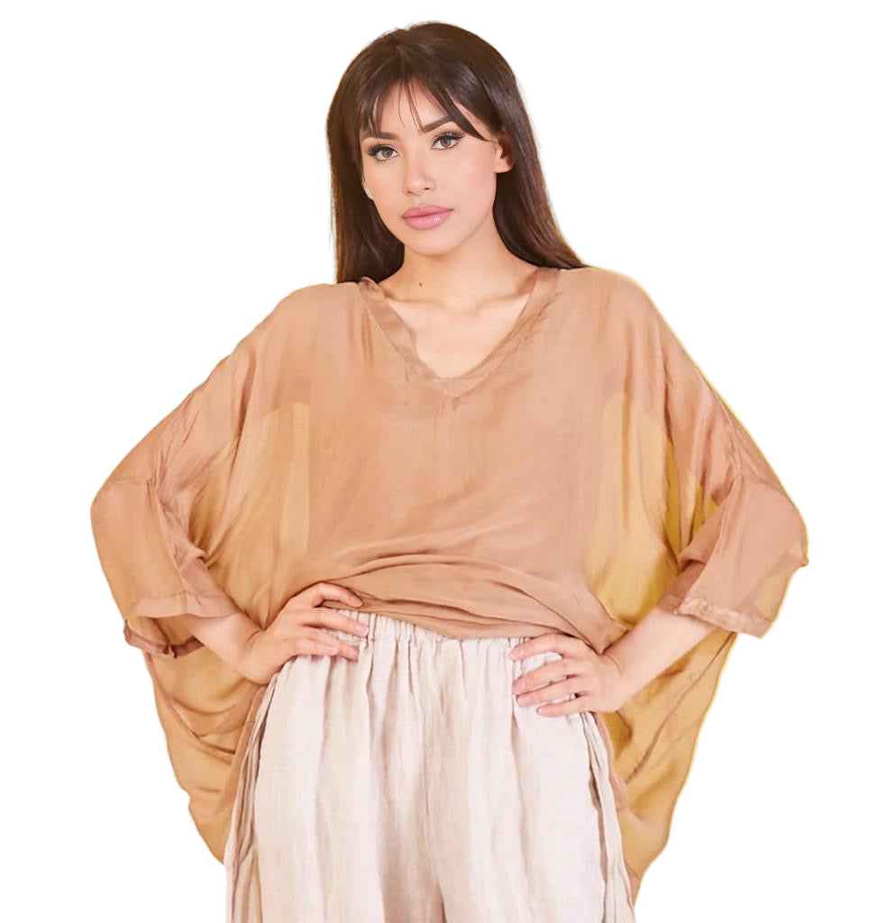 BZNA Seidenbluse Camel Tunika Seidentunika mit V -Ausschnitt Seidenchiffonbluse Fledermaus Ärmel oneSize