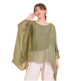 Lade das Bild in den Galerie-Viewer, BZNA Seidenbluse Olive Grün Tunika Seidentunika Seidenchiffonbluse Fledermaus Ärmel oneSize
