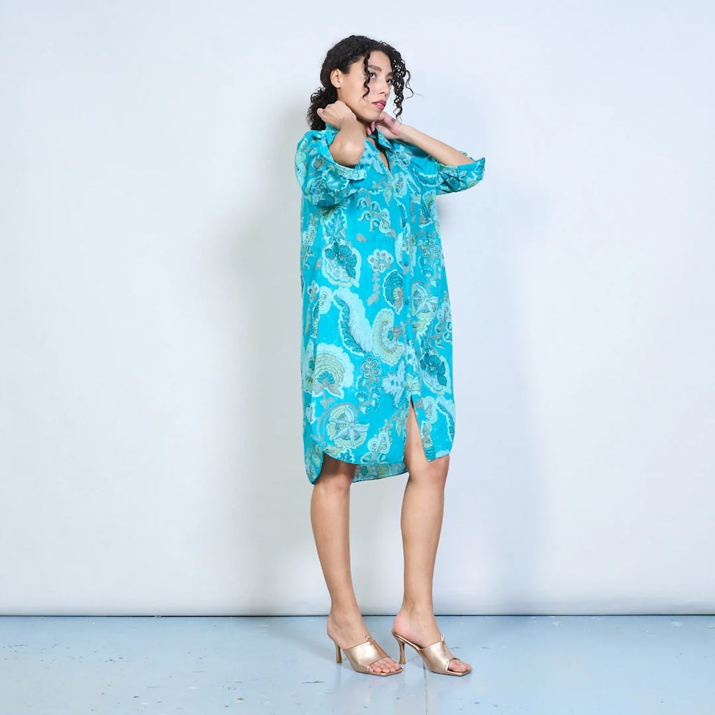 BZNA Blusenkleid kurzes Hemdkleid mit Paisley Blumendruck und Knöpfen Onesize 34-42 - B Z N A