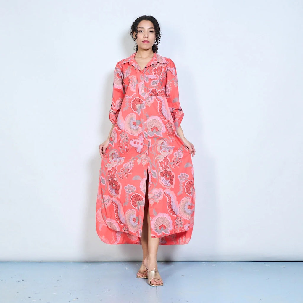 BZNA Blusenkleid Langes Hemdkleid mit Paisley Blumendruck und Knöpfen Onesize 34-42 - B Z N A