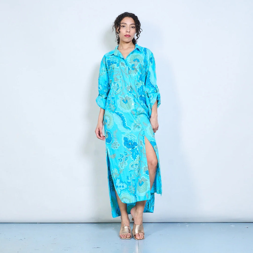BZNA Blusenkleid Langes Hemdkleid mit Paisley Blumendruck und Knöpfen Onesize 34-42 - B Z N A