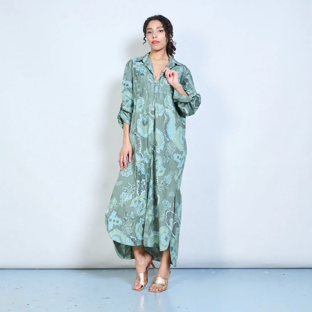 BZNA Blusenkleid Langes Hemdkleid mit Paisley Blumendruck und Knöpfen Onesize 34-42 - B Z N A