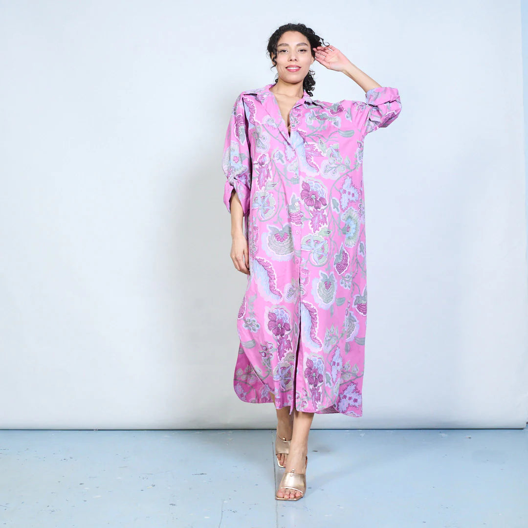 BZNA Blusenkleid Langes Hemdkleid mit Paisley Blumendruck und Knöpfen Onesize 34-42 - B Z N A