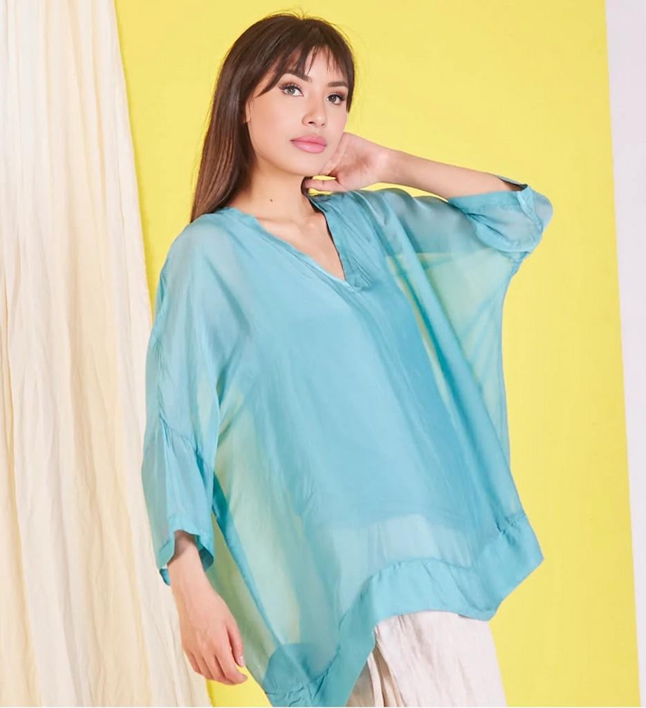 BZNA Seidenbluse Türkis Tunika Seidentunika mit V -Ausschnitt Seidenchiffonbluse Fledermaus Ärmel oneSize