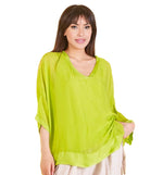 Lade das Bild in den Galerie-Viewer, BZNA Seidenbluse Lime Tunika Seidentunika mit V -Ausschnitt Seidenchiffonbluse Fledermaus Ärmel oneSize
