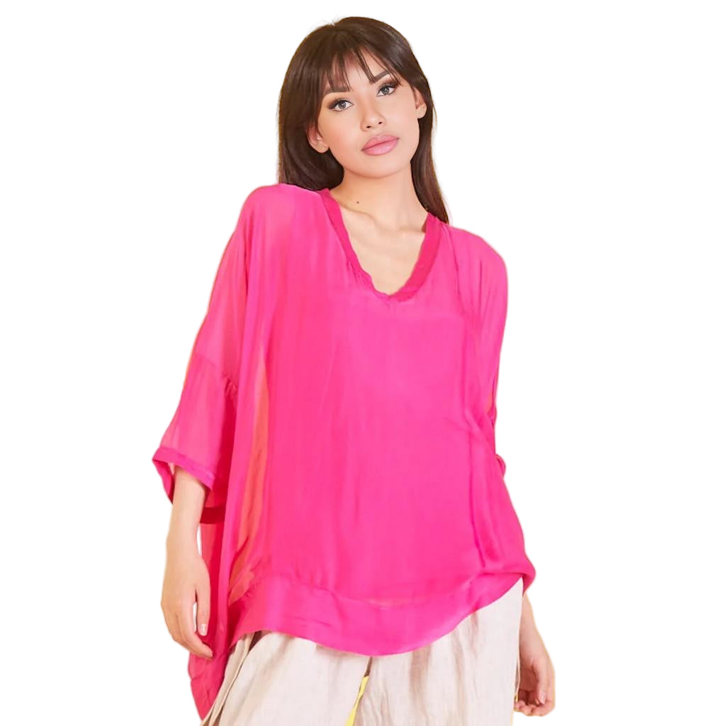 BZNA Seidenbluse Fuxia Tunika Seidentunika mit V -Ausschnitt Seidenchiffonbluse Fledermaus Ärmel oneSize