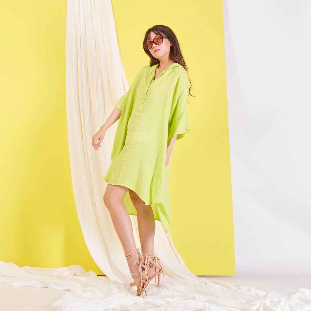 BZNA Maxi Leinenkleid mit Hemdkragen Blusenkleid Tunika onesize