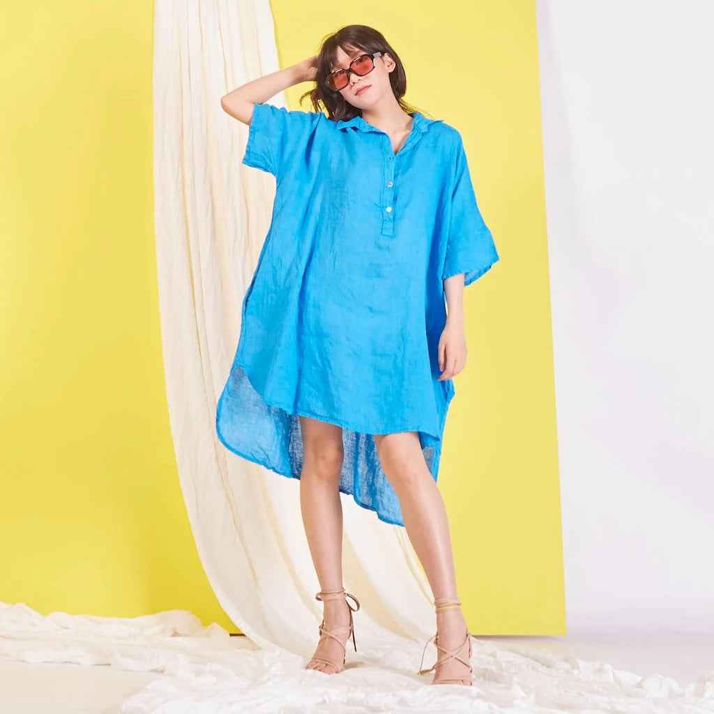 BZNA Maxi Leinenkleid mit Hemdkragen Blusenkleid Tunika onesize