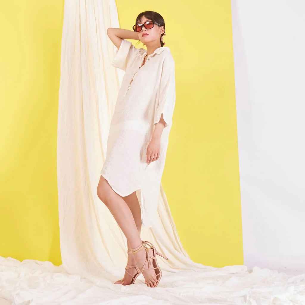BZNA Maxi Leinenkleid mit Hemdkragen Blusenkleid Tunika onesize