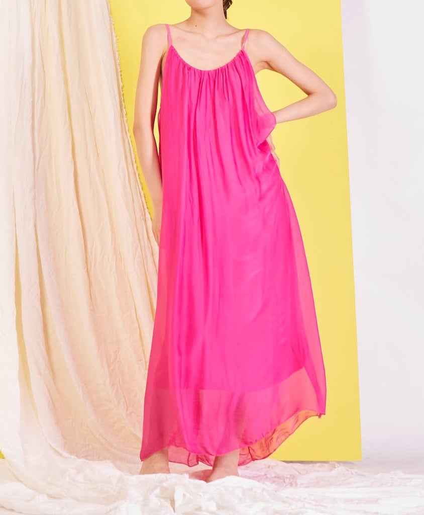 BZNA Ibiza Boho Style Sommerkleid Fuxia aus Seidenchiffon Seidenkleid   oneSize