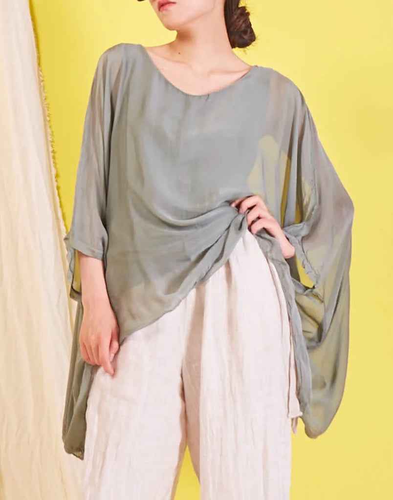 BZNA Seidenbluse DunkelOlive Grün Tunika Seidentunika Seidenchiffonbluse Fledermaus Ärmel oneSize
