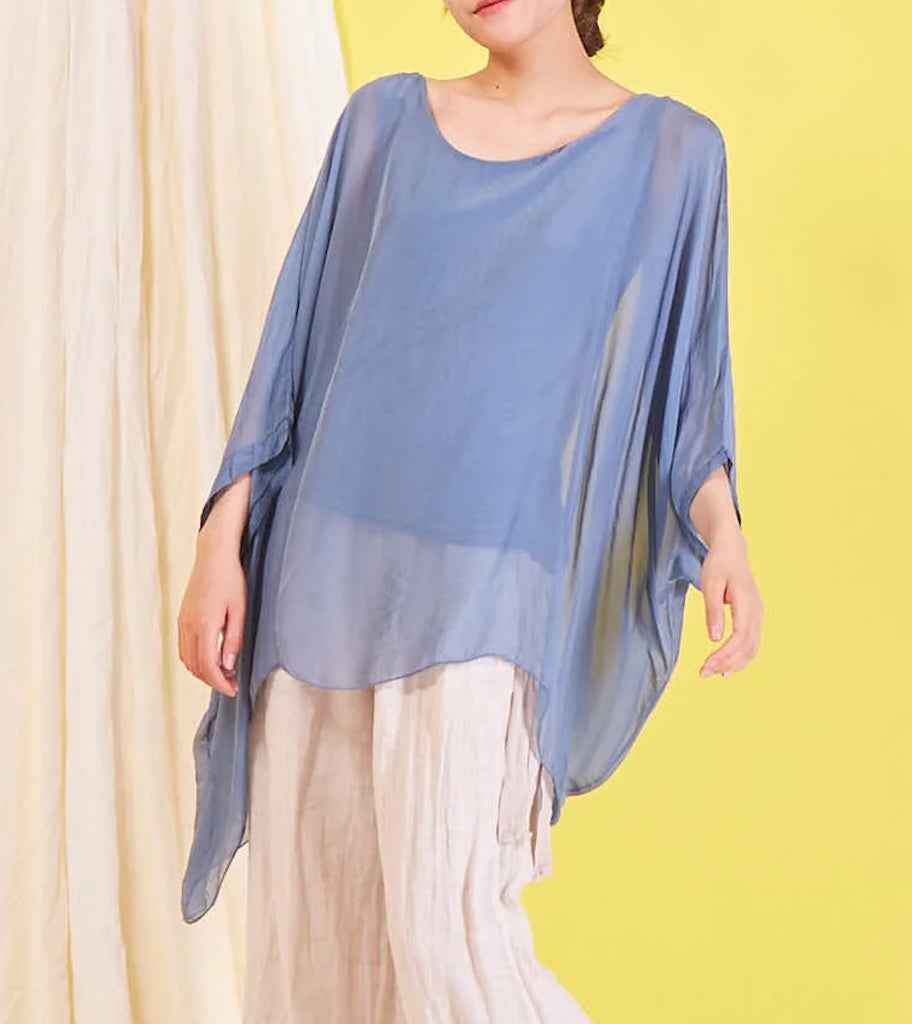BZNA Seidenbluse Denim Blau Tunika Seidentunika Seidenchiffonbluse Fledermaus Ärmel oneSize