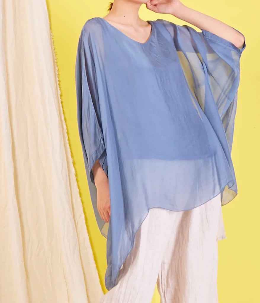 BZNA Seidenbluse Denim Blau Tunika Seidentunika Seidenchiffonbluse Fledermaus Ärmel oneSize