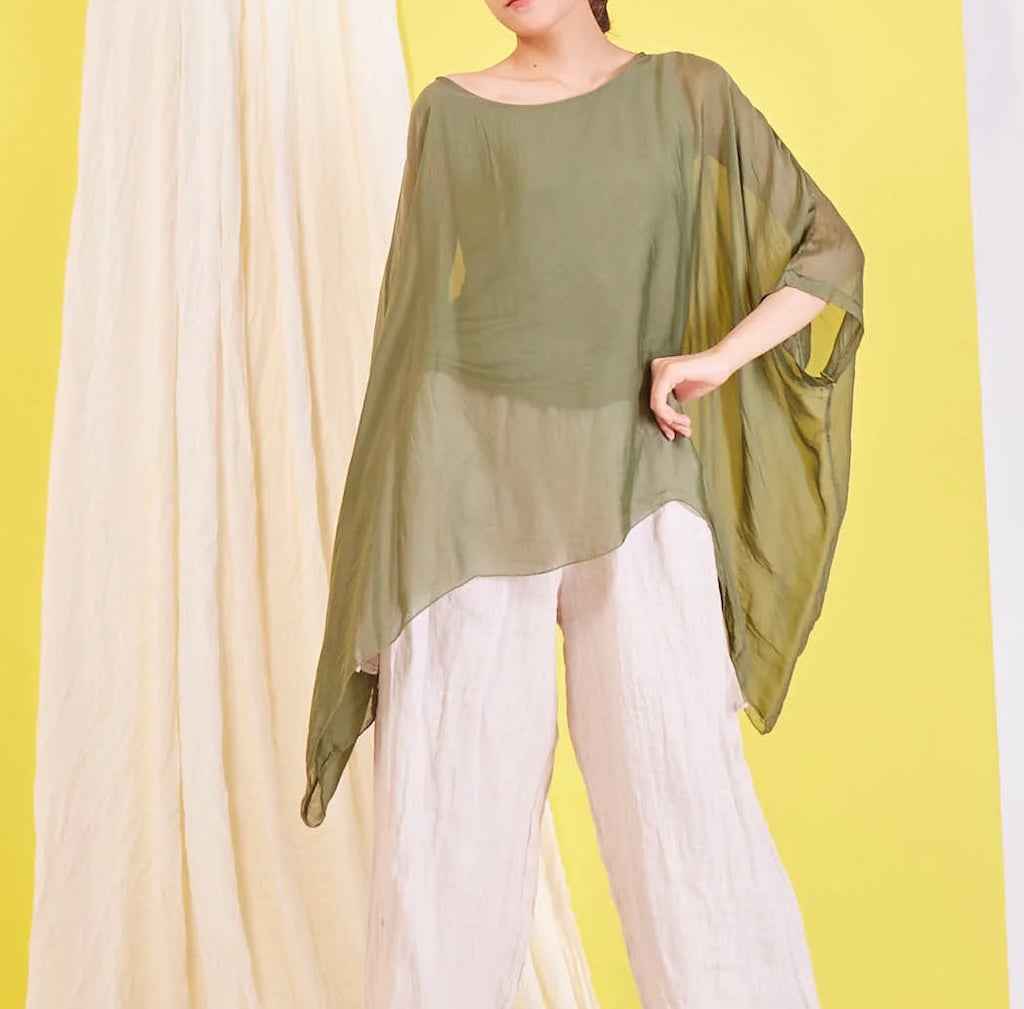 BZNA Seidenbluse Olive Grün Tunika Seidentunika Seidenchiffonbluse Fledermaus Ärmel oneSize