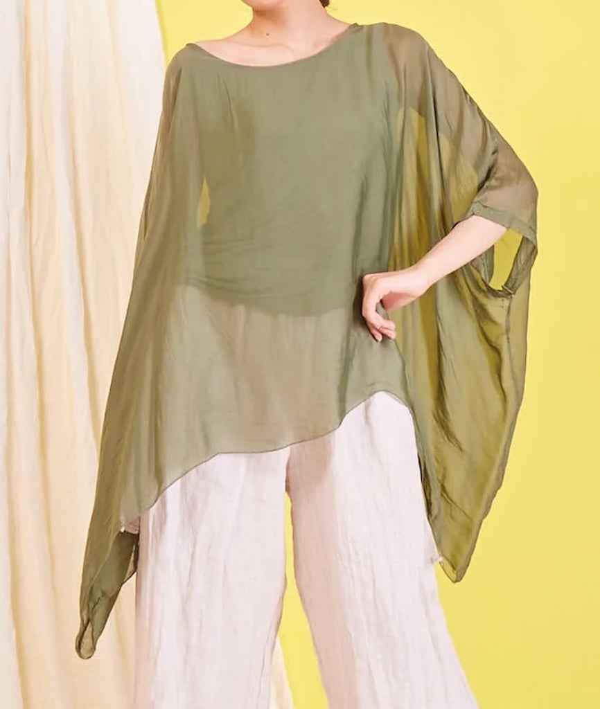 BZNA Seidenbluse Olive Grün Tunika Seidentunika Seidenchiffonbluse Fledermaus Ärmel oneSize